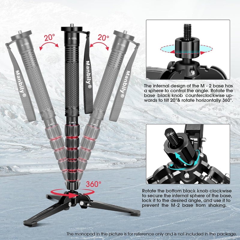 Manbily Mini Tripod Base for Monopods, 3/8" Screw Desktop Stand with Three Feet, Monopod Support, Travel for Ball Head Tripod/Fluid Head DSLR Camera Camcorder, Tilt 20° & Rotate 360° (Black) - Image 3